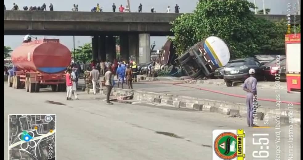 Tragedy averted as fully-loaded petrol tanker, Lexus SUV collide in Lagos